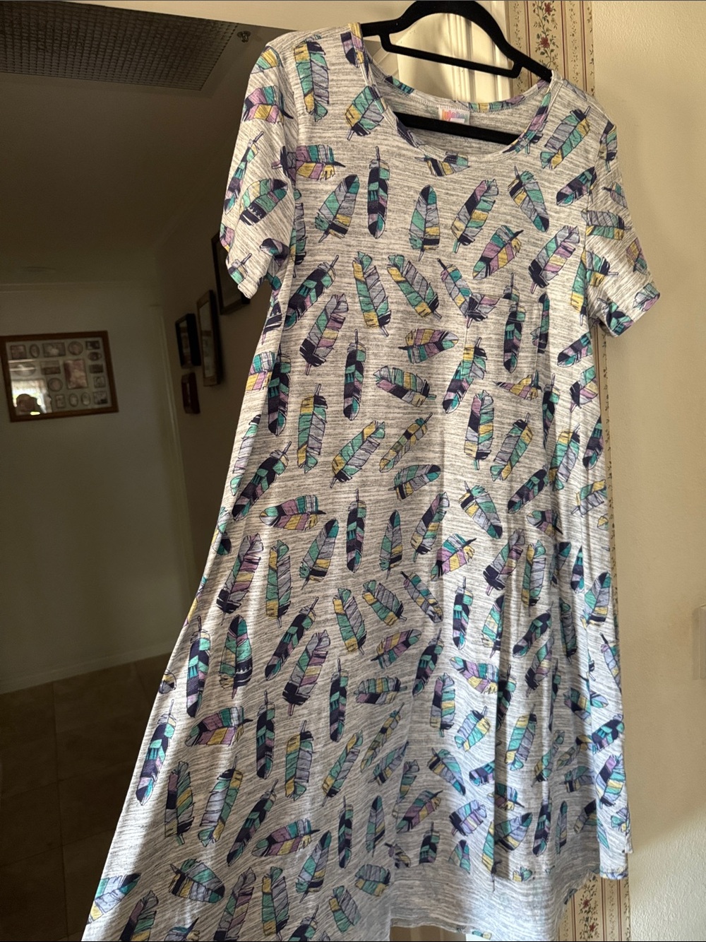 LuLaRoe Carly Grey Top with Teal, Purple, and Yellow Feather Accents